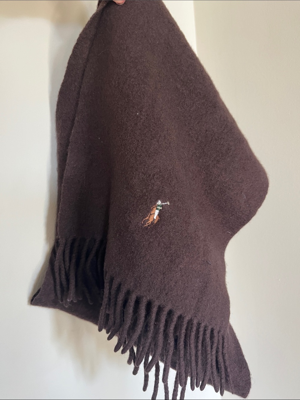 Polo by Ralph Lauren Brown 100% Lambs Wool Fringe Scarf 50”x10”